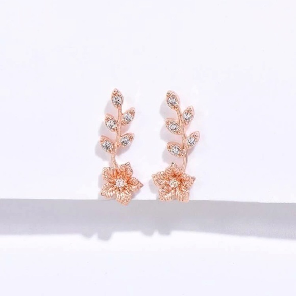Cubic Zirconia Flower Ear Climbers Stud Earrings Rose Gold - Picture 4 of 8